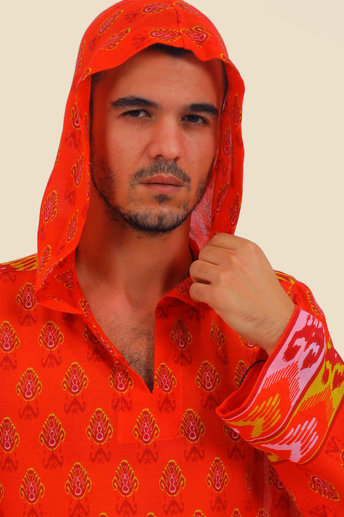 Shirt in printed cotton gauze with hoodie